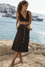 Load image into Gallery viewer, 黑色高腰排釦前開衩長裙