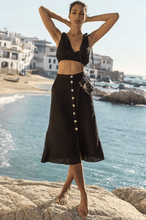 Load image into Gallery viewer, 黑色高腰排釦前開衩長裙