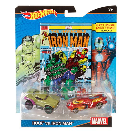 Hot Wheels Marvel Hulk vs. Iron Man Character Car 2-Pack with Mini Comic